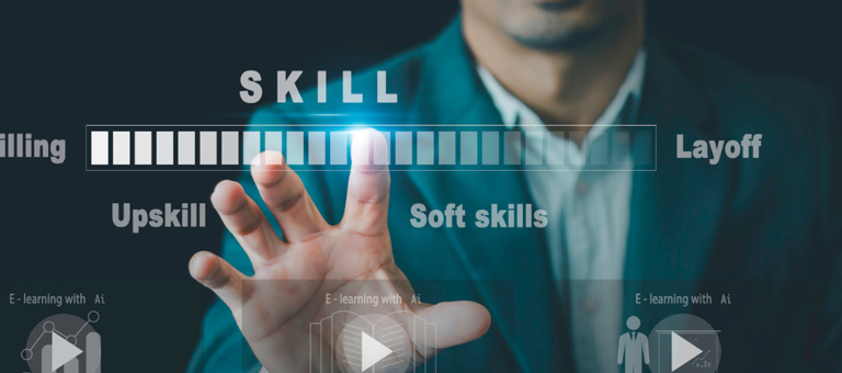Man pointing at words including Skills, Layoff, Upskill, Reskilling