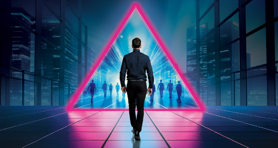 Man walking through triangle-shaped portal