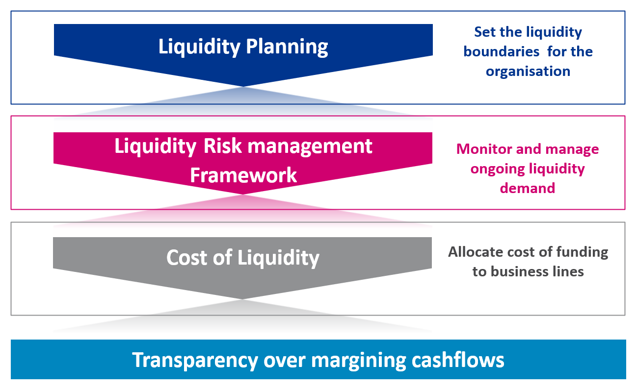 A flow chart: Liquidity planning: Set the liquidity boundaries  for the organisation  Liquidity Risk management Framework: Monitor and manage ongoing liquidity demand  Cost of Liquidity: Allocate cost of funding to business lines  Transparency over margining cashflows
