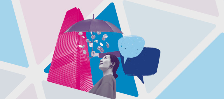 Artwork showing a woman looking at a skyscraper and an umbrella with coins