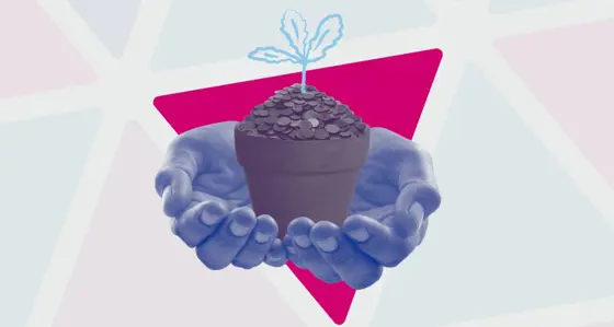 Cupped hands holding a plat pot with seedling in pile of coins