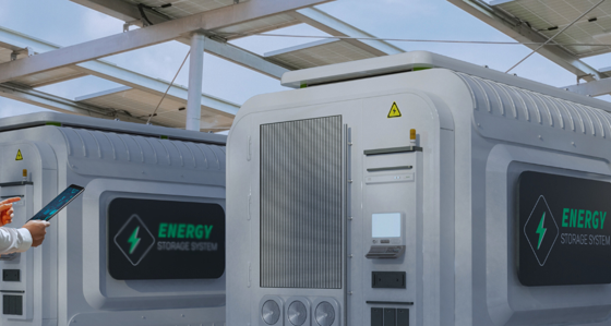 Worker inspecting an energy storage facility