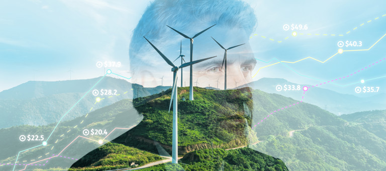 A man's head and index prices superimposed over a green hillside with a wind turbine
