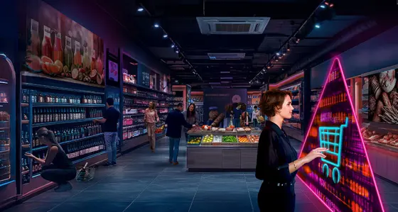 Grocery store with shoppers and a digital shopping cart interface in the foreground
