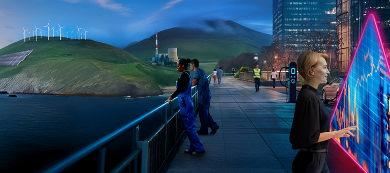 People walking by the seashore with a woman looking at data through a triangle