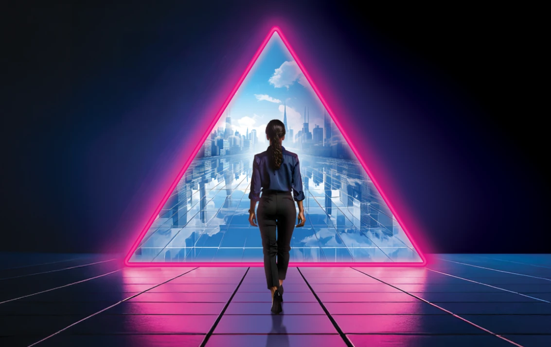 Woman walking towards city through neon triangle