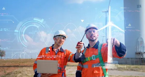 Men looking a tech for a wind turbine