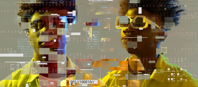 Artwork of two people with pixels