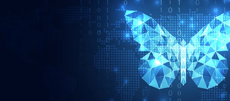 A digital image of a butterfly with a map and data behind