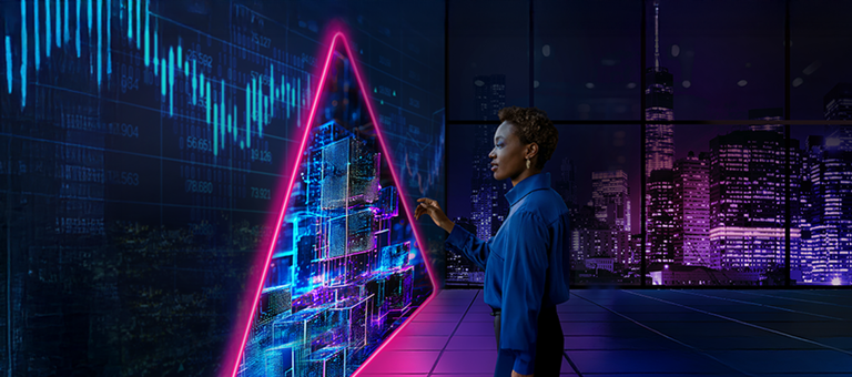 Woman pointing to futuristic portal