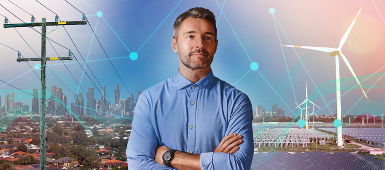 standing man electricity network pole wind turbine