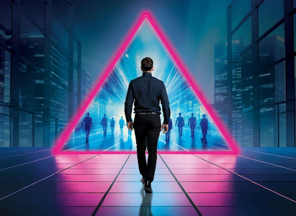 Man walking towards triangular-shaped portal.