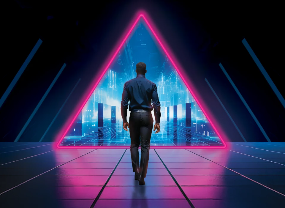 Man walking towards triangular-shaped portal.