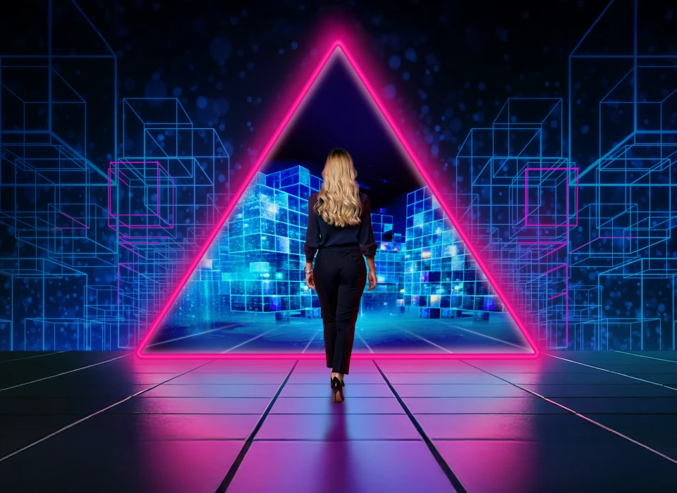 Blonde woman walking towards triangular-shaped neon portal.