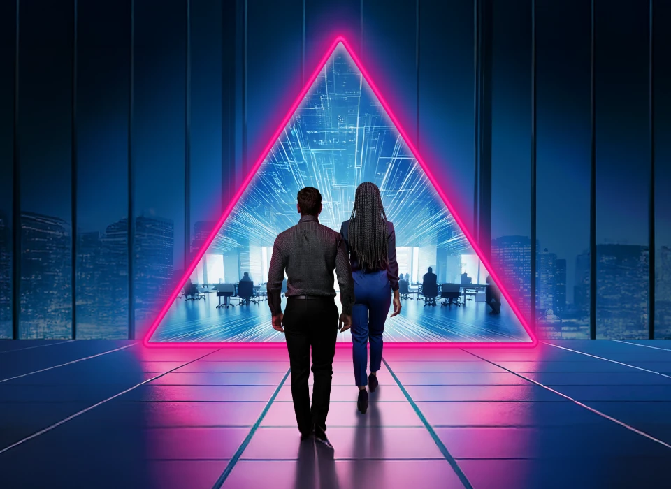 Businessman and woman walking towards triangular-shaped neon portal.