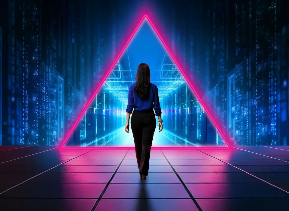 Brunette woman walking towards triangular-shaped neon portal.