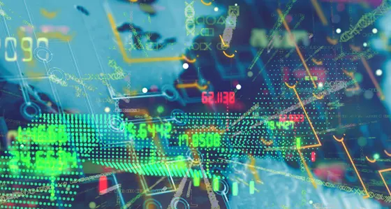 Digits and computer graphics superimposed over a map of the world
