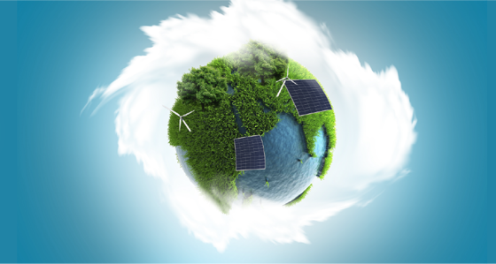 Plant Earth surrounded by clouds on turquoise background