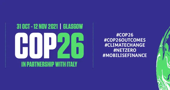 Cop Twenty-Six banner with dates, social media hashtags and outcome hashtag three slogan