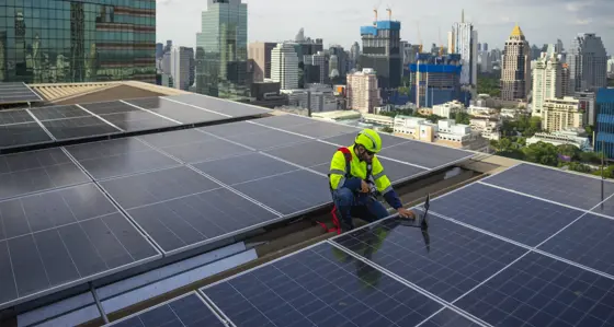 solar panel electrician working on solar panels on building