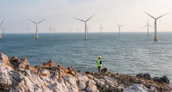 Worker looking across the sea to an offshore wind farm