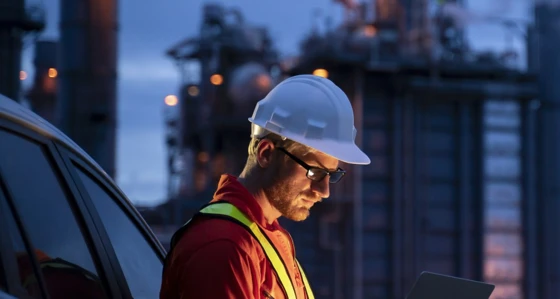 A man in hard hat looking at a tablet in front of industrial buildings at night