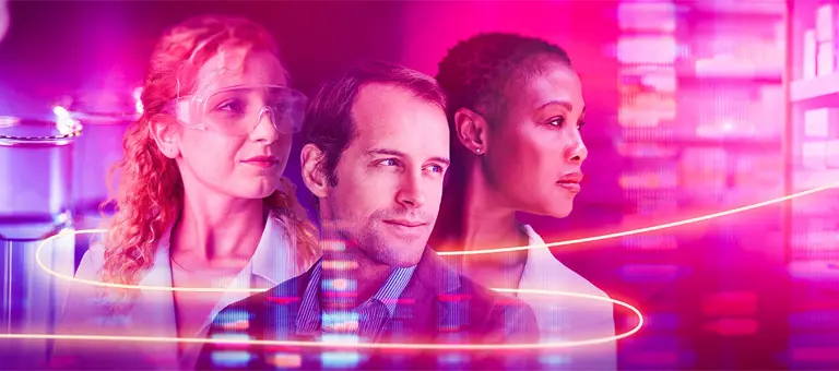 Laboratory scene with test tubes, pipette, and three people.