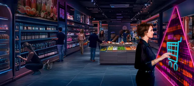 Grocery store with shoppers and a digital shopping cart interface in the foreground