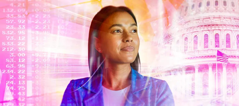 Business woman looking ahead in front of the US Capitol