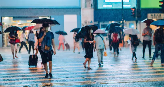 Crowd of people carrying umbrellas crossing the street in heavy rain at night