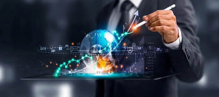 Globe surrounded by financial symbols