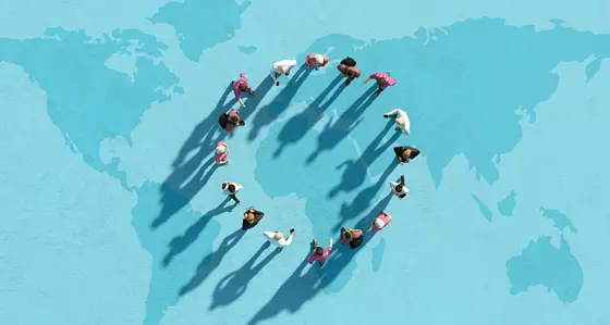 Digital generated image of multi racial group of people forming circle on world map
